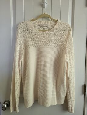 LOFT Cream Open-Weave Crewneck Sweater Plus Size XXL